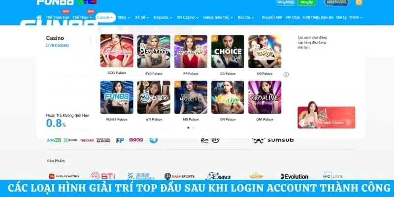 Các loại hình giải trí top đầu sau khi login account thành công
